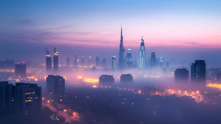 Foggy cityscape with illuminated buildings and skyscrapers.
