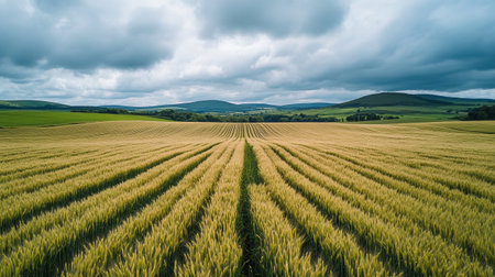 Aerial view of a wheat field with clouds in the sky.