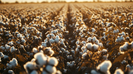 Cotton field at sunset. Close-up of cotton plant.の写真素材
