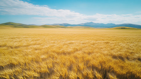 Wheat field and mountains in the background. Beautiful panoramic landscape.