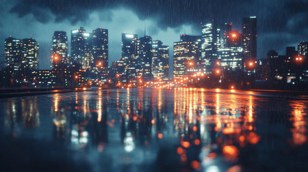 Cityscape with water reflection in the rain at night. Selective focusの写真素材