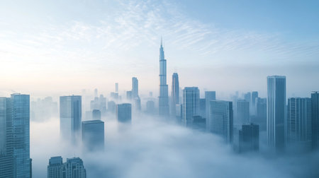Foggy cityscape with skyscrapers in the fog.の写真素材