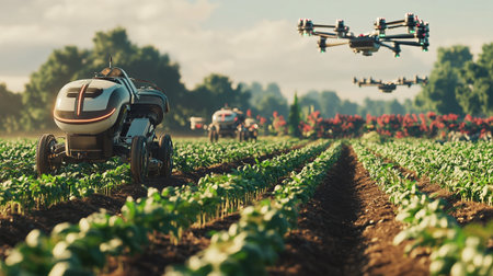 Agriculture drone flying over a field of young sunflower plants
