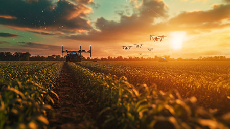Agriculture drone flying over corn field at sunset. 3D rendering