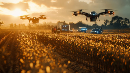 Agriculture drone flying over the corn field at sunset time.