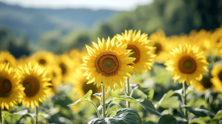 Sunflower field in sunny summer day. Shallow depth of field.