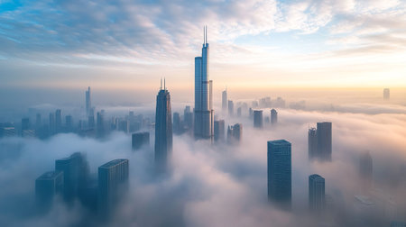 Aerial view of shanghai skyscrapers in foggy morning