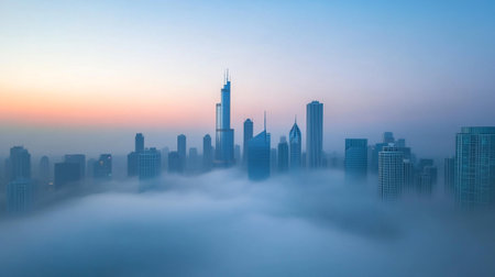 Aerial view of foggy cityscape with skyscrapers and high-rise buildings