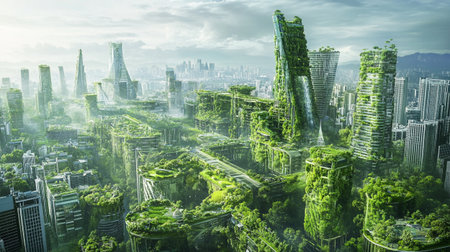 Futuristic city panorama with green buildings and skyscrapersの写真素材