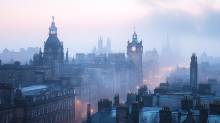 Panoramic view of Edinburgh city in the fog, Scotland, UK