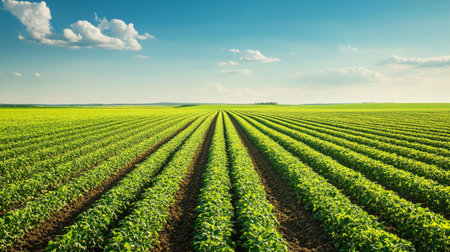 Soybean field in sunny day. Agricultural landscape. Panoramic view.