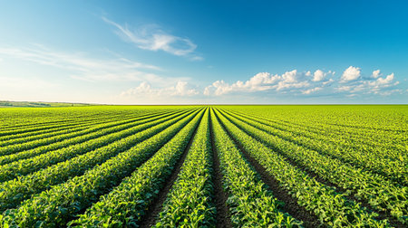 Green soybean field in sunny day. Panoramic view of agricultural landscape.