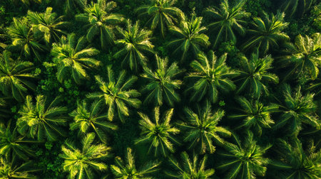 Aerial view of palm trees in the tropical forest. Top view