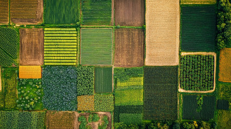 Aerial view of agricultural fields and forests in Poland, Europe.
