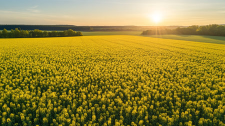 Aerial view of beautiful yellow rapeseed field at sunset. Beautiful rural landscape.