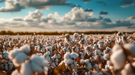 Cotton field in autumn. Cotton plant ready for harvesting. Beautiful natural background