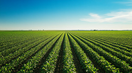 Green soybean field under blue sky with white clouds, agricultural landscape