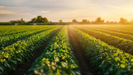 Peanut field at sunset, agricultural landscape with rows of green leaves.
