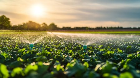 Sprinkler watering the young green beet leaves in the garden at sunset