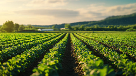 Rows of young soybean plants in the field. Agricultural landscape
