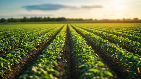 Peanut field at sunset. Agricultural landscape. Selective focus.