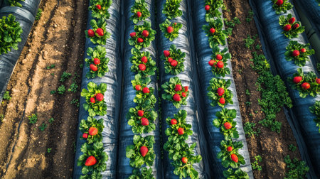 Strawberry field, aerial view of strawberry farm in Thailand.