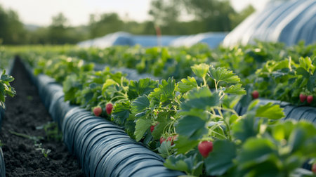 Strawberry plants growing in greenhouse. Rows of strawberry plants growing in rows.