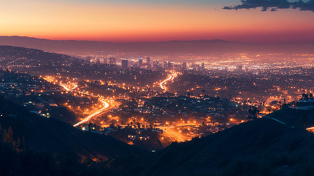 Panorama of a cityscape at twilight.