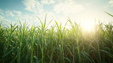 Sugar cane field with blue sky and white clouds at sunset.