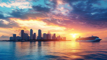 Cruise ship and skyscrapers in the sea at sunset.の写真素材