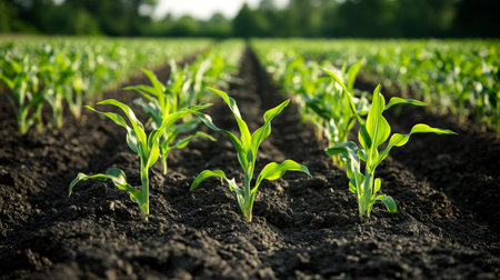 Young corn seedlings growing in a row on a field in summer