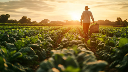 Farmer standing with basket of fresh spinach in the field at sunsetの写真素材