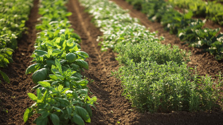 Field with rows of young green plants. Selective focus.