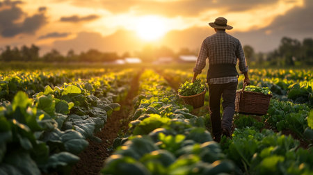 Farmer holding basket of fresh green lettuce in the field at sunset