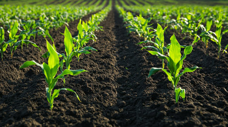 Young corn plants growing in rows on agricultural field, close-up