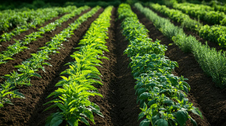 Pepper seedlings growing in rows on a farm field in summer