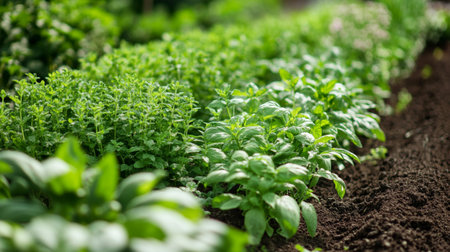 Organic vegetable garden with fresh green basil plants growing in rows.の写真素材