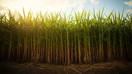 Sugar cane field with blue sky and white cloud background,Sugarcane field