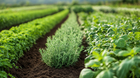 Rows of fresh herbs growing on a field in a rural area