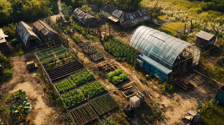 Aerial view of a vegetable garden in a rural area in Poland