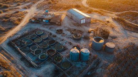 Aerial view of the salt farm at sunset. Top view.