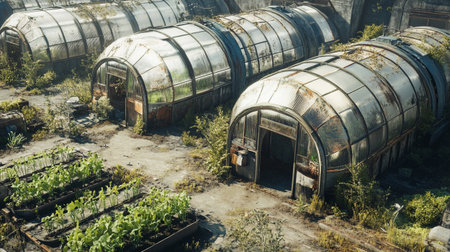 Old abandoned greenhouse with metal tanks for growing vegetables in the countryside.