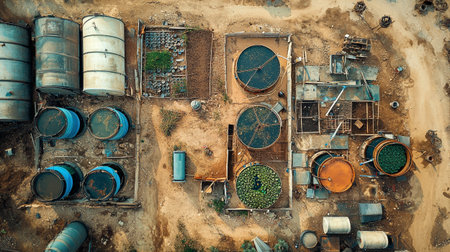 Aerial view of oil refinery. Top view of oil tanks.