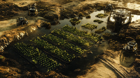 3d illustration of a futuristic landscape with trees and plants. 3d rendering