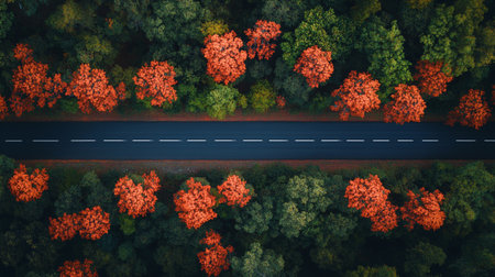 Aerial view of the road through the forest in autumn. View from above.