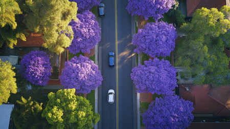 Aerial view of a city street with cars and lilac trees