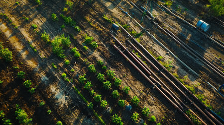 Aerial view of vegetable garden with water pipes and irrigation system.