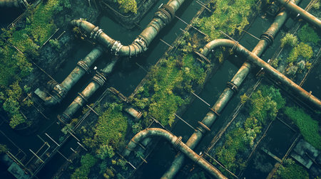 Top view of water pipes in a park with green plants and trees