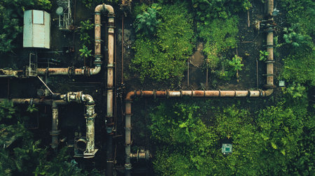 Aerial view of water pipes in the middle of green forest.