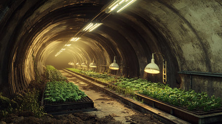Greenhouse with vegetable seedlings growing in rows in a tunnel.